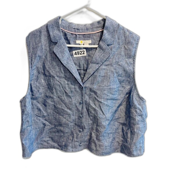 Boden Chambray Cropped Sleeveless Top Blue Linen 20/22 Collared Button Down - Picture 1 of 11